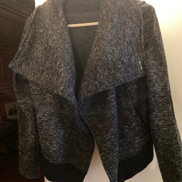 Charcoal Gray Fleece Moto sweatshirt shacket w/ black elbow patches & waistband - Picture 2 of 16